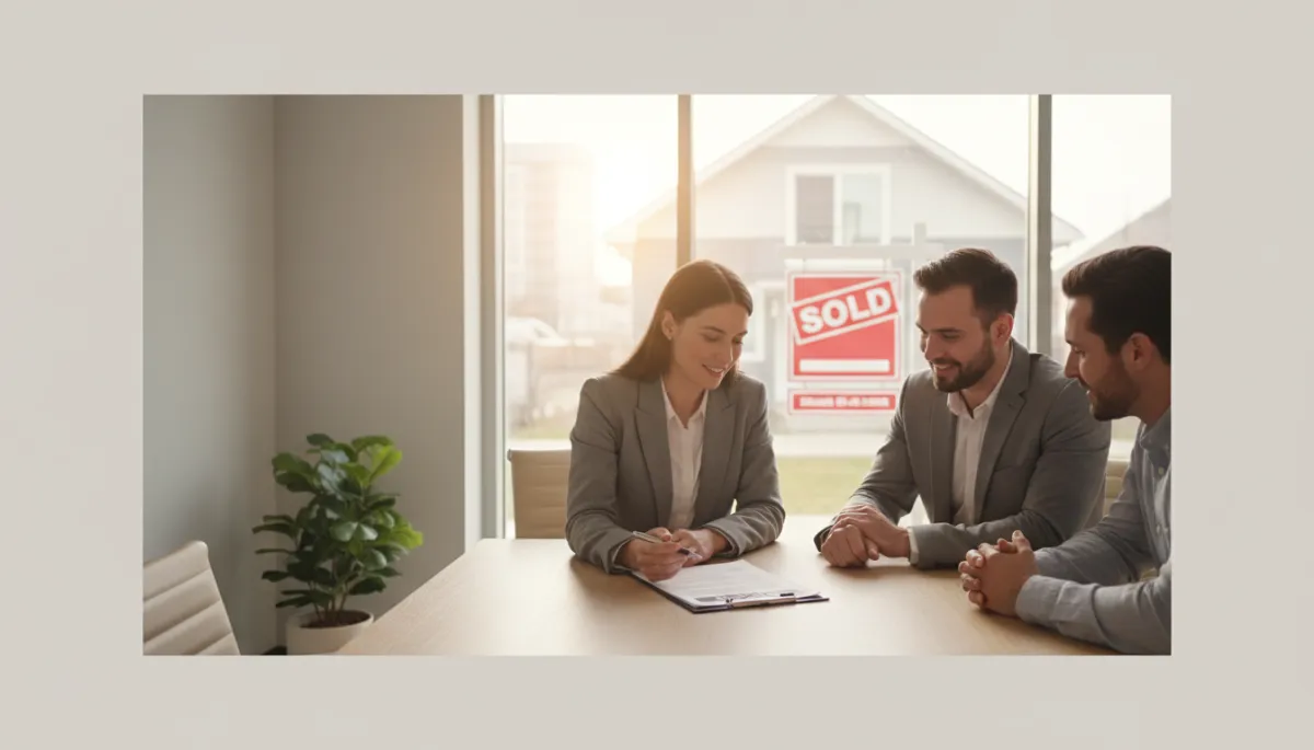 Agent and buyers reviewing an offer with a sold sign visible outside