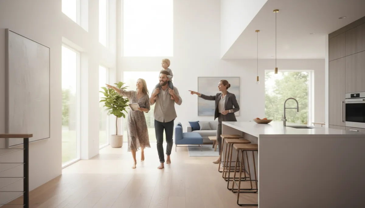 A photorealistic image of a family touring a bright, modern home with a real estate agent, capturing the energy and speed of showings in a competitive market.