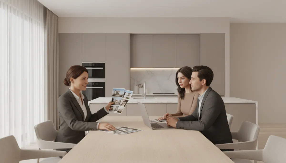 Real estate agent reviewing multiple home options with buyers at a kitchen table Real estate agent reviewing multiple home options with buyers at a kitchen table