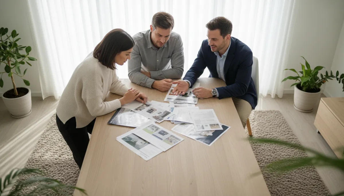 A high-resolution, photorealistic image of a real estate agent sitting at a modern wooden table with a couple in their early 30s, all dressed in smart-casual attire. The couple looks thoughtfully at printed home listings and financial documents spread out on the table, while the agent gestures supportively, offering guidance. The setting is a bright, contemporary home interior with large windows allowing in natural daylight, neutral decor, and minimal distractions in the background. The mood is calm and professional, emphasizing genuine human interaction and careful decision-making in the home buying process. No AI-generated or cartoon elements—capture a realistic, authentic scene suitable for a professional real estate blog. A high-resolution, photorealistic image of a real estate agent sitting at a modern wooden table with a couple in their early 30s, all dressed in smart-casual attire. The couple looks thoughtfully at printed home listings and financial documents spread out on the table, while the agent gestures supportively, offering guidance. The setting is a bright, contemporary home interior with large windows allowing in natural daylight, neutral decor, and minimal distractions in the background. The mood is calm and professional, emphasizing genuine human interaction and careful decision-making in the home buying process. No AI-generated or cartoon elements—capture a realistic, authentic scene suitable for a professional real estate blog.