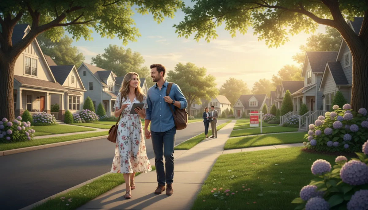 Home buyers walking with their agent through a residential neighborhood Home buyers walking with their agent through a residential neighborhood