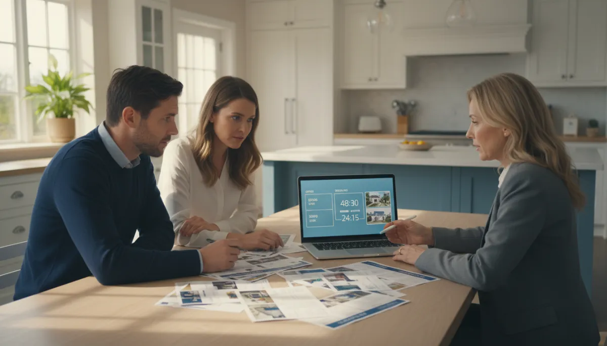 A photorealistic scene depicting serious home buyers sitting at a kitchen table with their real estate agent. The group is intently reviewing printed listings spread out on the table, while a modern laptop screen displays multiple real estate offers and approaching deadlines. The setting is a bright, inviting kitchen with warm natural sunlight streaming through a nearby window, casting gentle shadows. The expressions on the buyers’ faces show concern and focus, highlighting the gravity of making home-buying decisions. The real estate agent appears professional and attentive, guiding the discussion. The overall composition is clean and professional, suitable for a real estate advice blog, with subtle touches that emphasize the importance of avoiding common home buying mistakes. A photorealistic scene depicting serious home buyers sitting at a kitchen table with their real estate agent. The group is intently reviewing printed listings spread out on the table, while a modern laptop screen displays multiple real estate offers and approaching deadlines. The setting is a bright, inviting kitchen with warm natural sunlight streaming through a nearby window, casting gentle shadows. The expressions on the buyers’ faces show concern and focus, highlighting the gravity of making home-buying decisions. The real estate agent appears professional and attentive, guiding the discussion. The overall composition is clean and professional, suitable for a real estate advice blog, with subtle touches that emphasize the importance of avoiding common home buying mistakes.