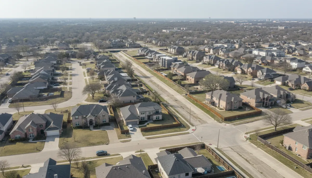 Aerial view of Houston neighborhood with varying flood and drainage conditions