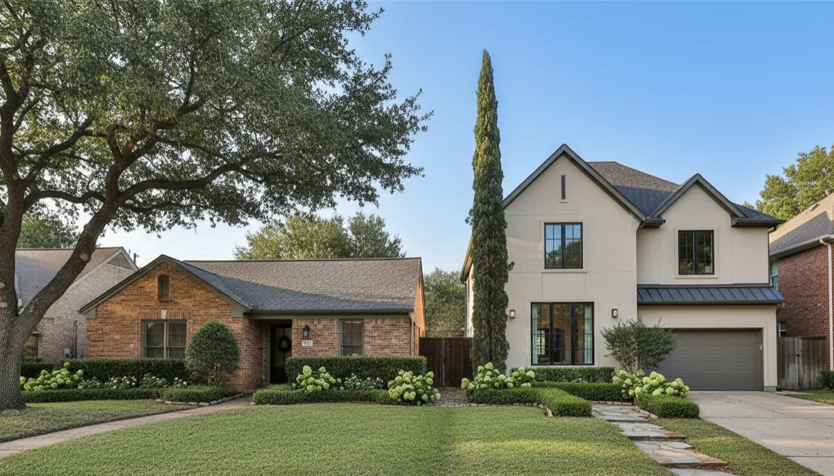 Older ranch home next to newer custom construction in Bellaire Texas