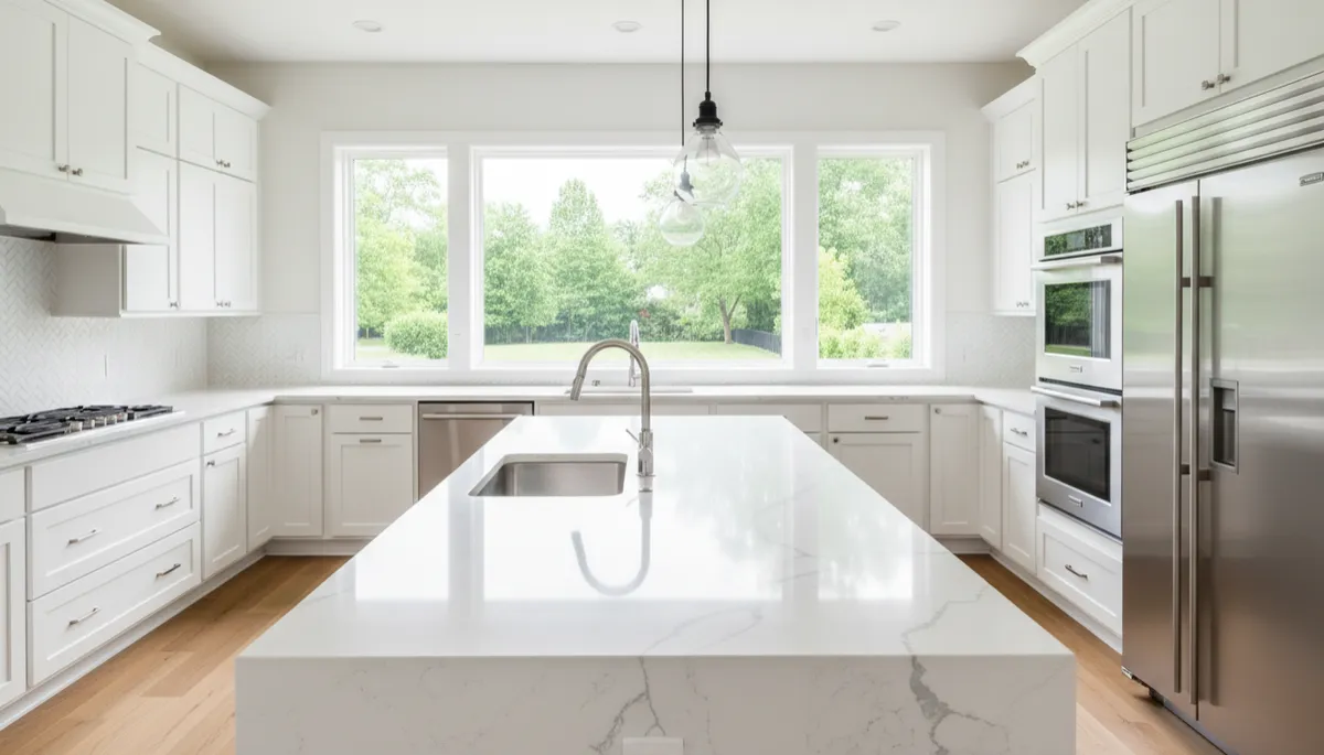 A high-resolution, natural photo of a modern renovated kitchen in a Memorial home, featuring white cabinets, quartz countertops, stainless appliances, and large windows overlooking a green backyard. No cartoon or rendering effects.