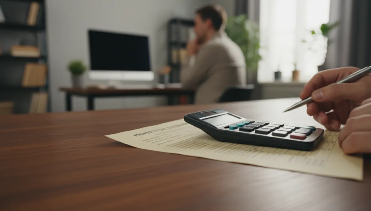 A natural, sharp photo showing a close-up of a property tax statement and calculator on a wooden desk, with a homeowner reviewing numbers in the background. No cartoon or illustration effects.