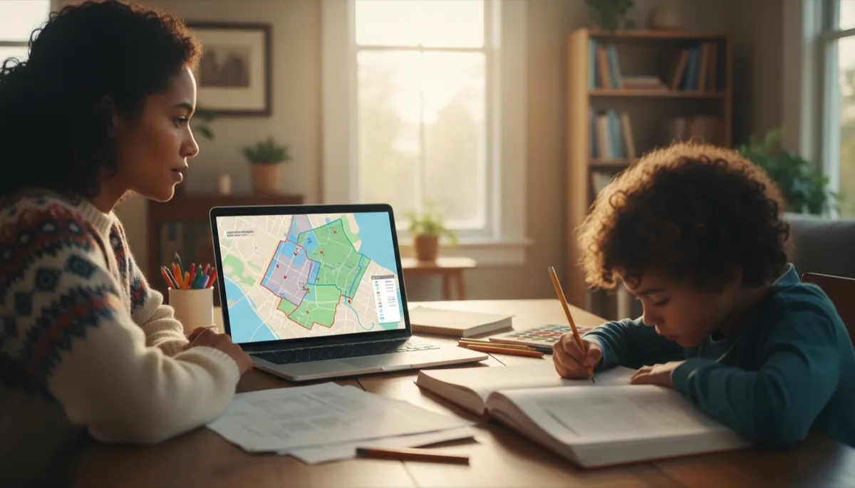 A realistic, natural photo of a parent looking at a school boundary map on a laptop while a child does homework at the same table. Home setting, authentic lighting.