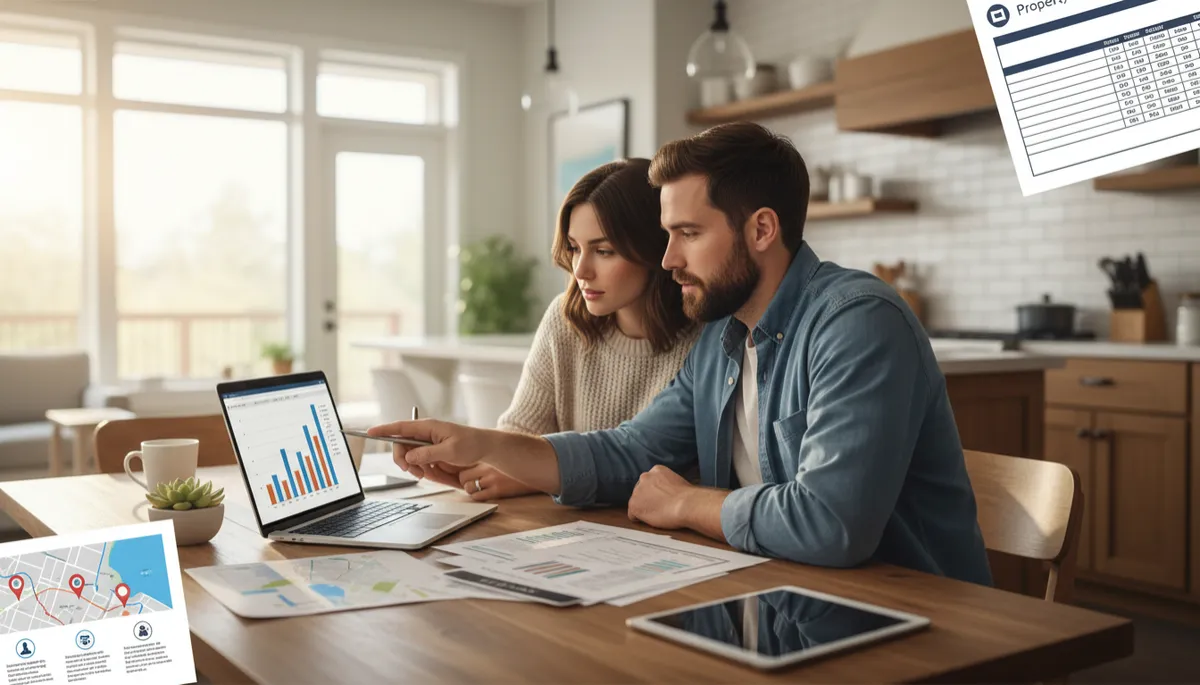 A realistic photo of a homebuyer couple at a kitchen table reviewing property tax statements and city service information, with a laptop and printed documents. Natural home setting, candid, and not cartoonish.