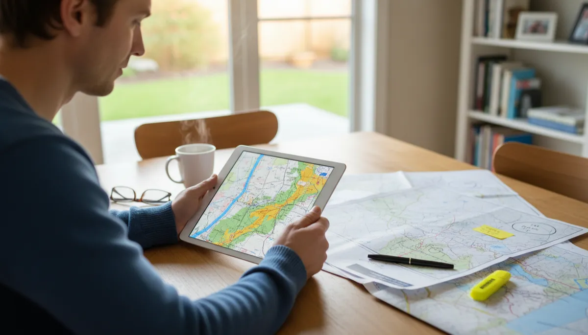 A realistic photo of a homebuyer reviewing a FEMA flood map on a tablet at a dining table, with printed maps and notes nearby. Natural indoor lighting, candid home setting.