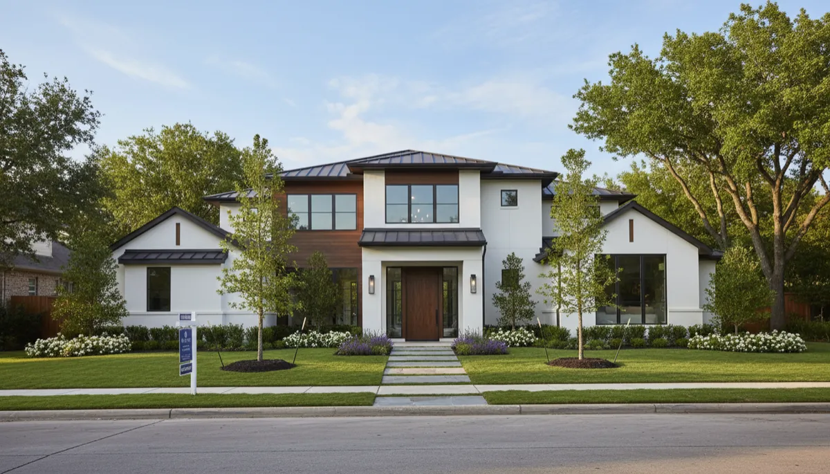 A realistic, high-quality photo of a newly built custom home in Memorial, showing clean architectural lines, fresh landscaping, and a construction sign still visible near the curb. True-to-life lighting and detail.