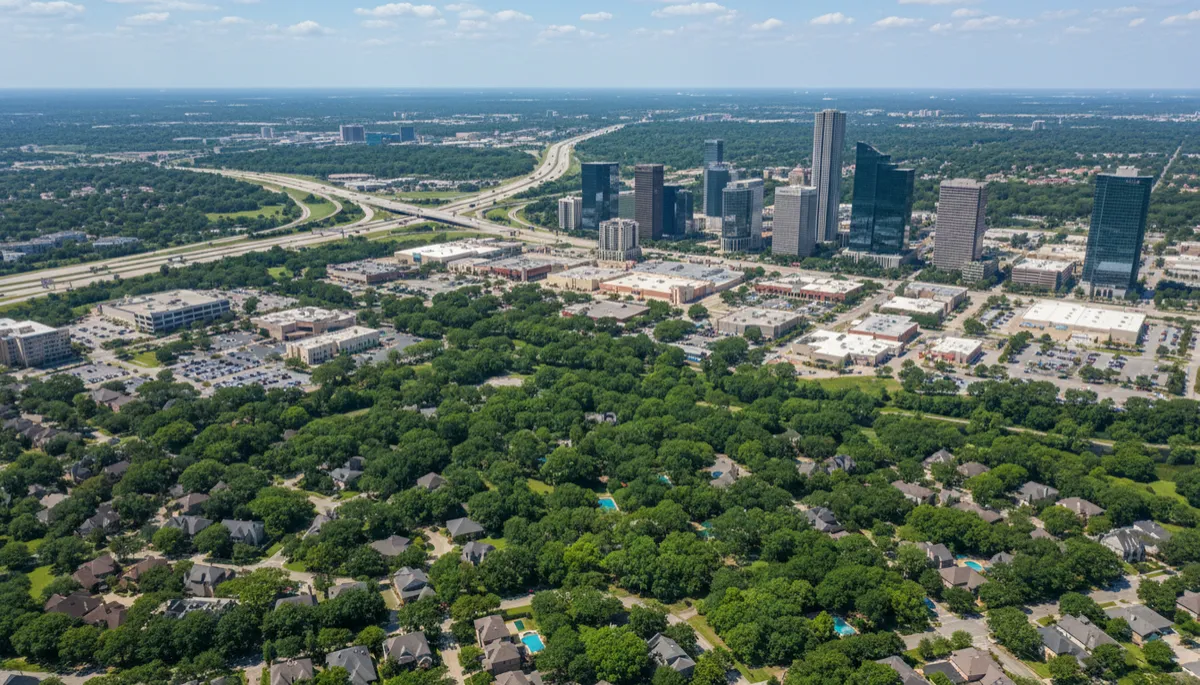 A realistic aerial photograph of west Houston showing Memorial Drive, I-10, and the surrounding neighborhoods, with abundant trees, office buildings, and shopping centers. Natural lighting, no cartoon or illustration effects.