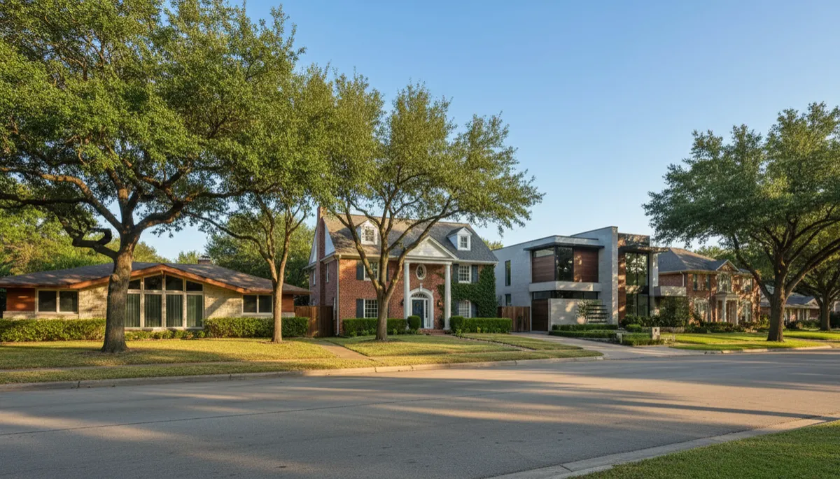 A high-quality, natural photo showing a row of different Memorial Houston homes, including a mid-century ranch, a traditional two-story brick house, and a modern custom home, all on tree-lined lots. Realistic colors and details.