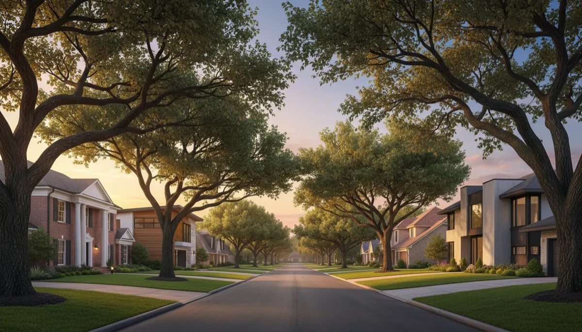 A high-quality, natural, non-cartoonish photo of a tree-lined residential street in Memorial Houston at sunset, showing a mix of traditional and modern homes with large front yards and mature oak trees, in soft warm light and a clear sky.