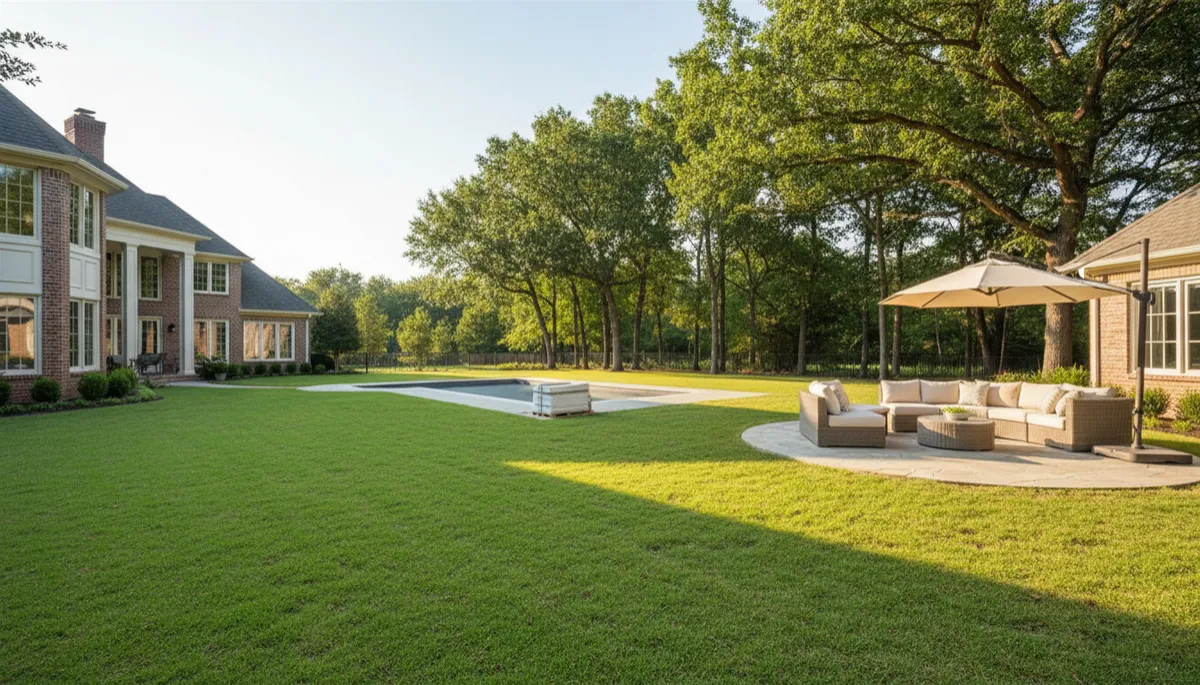 A natural, high-resolution photo of the backyard of a Memorial home, featuring a spacious lawn, mature trees, a patio seating area, and room for a pool. Natural outdoor lighting, not stylized.