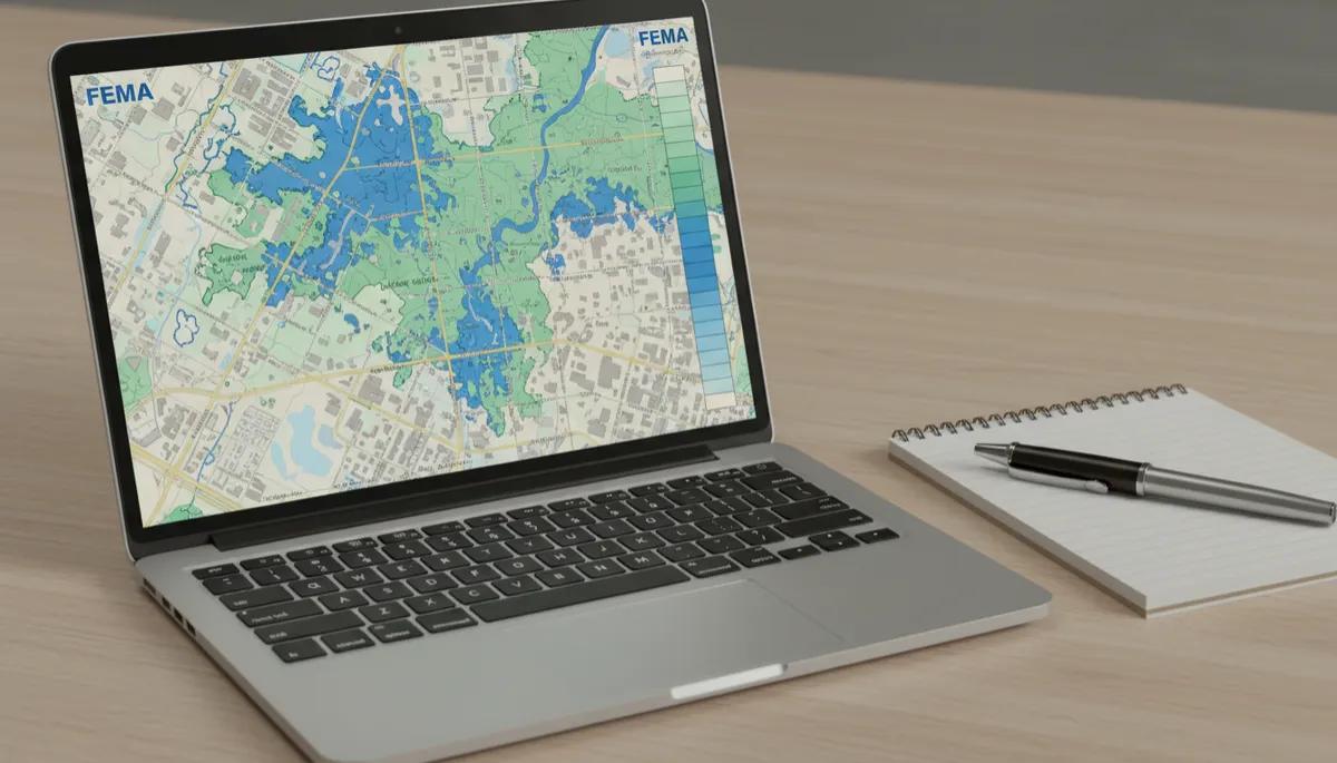 Laptop displaying a FEMA flood map for a Houston property