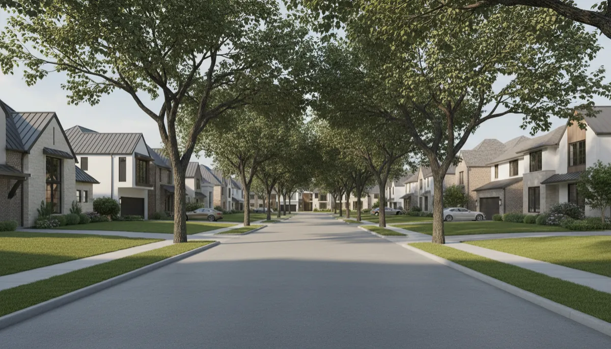 Tree-lined residential street with upscale homes in the Memorial area