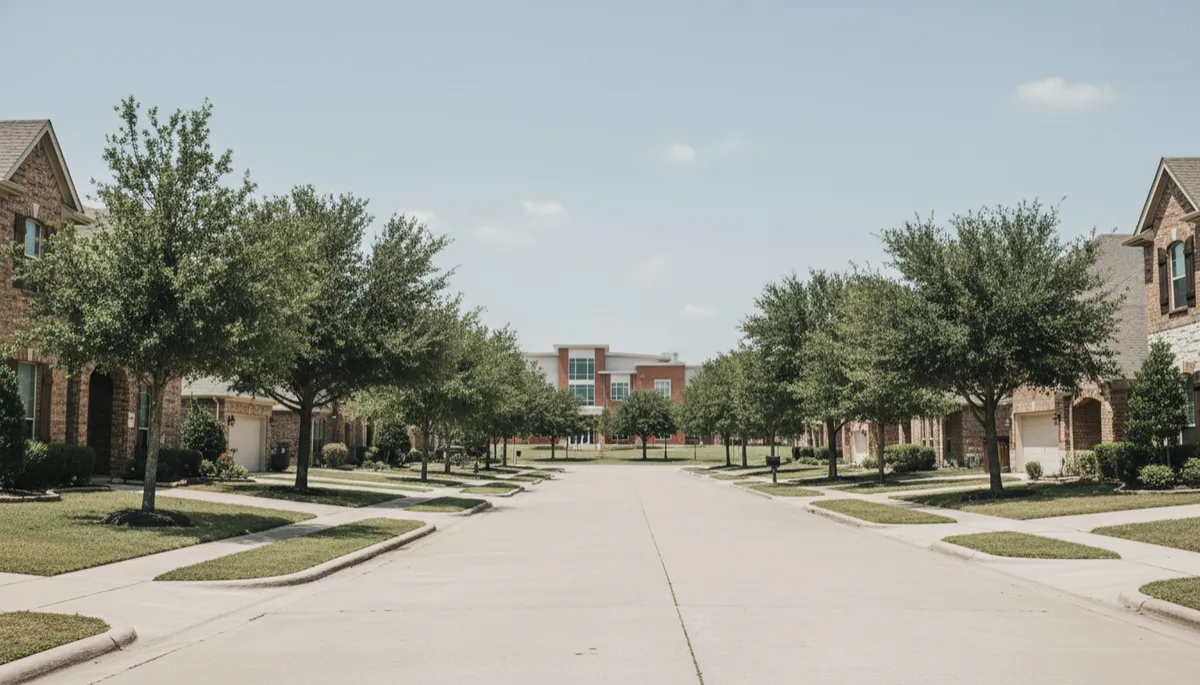 Well-kept Pearland neighborhood street with nearby school building