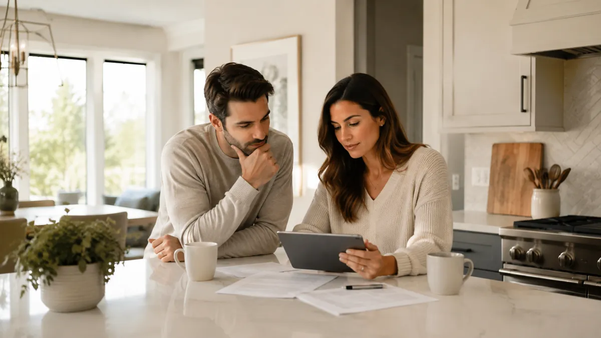 A couple pauses to evaluate a bright living room while touring a potential new home.