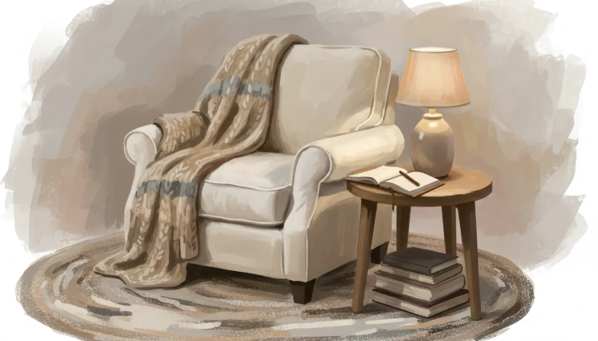 A cozy neutral reading corner illustrated in a painterly style with bold, dynamic brush strokes. Include a comfortable armchair, a soft throw blanket, a warm lamp, and a journal on the side table. The scene should evoke calm and reflection, with harmonious, muted colors and a noticeable emphasis on boldness in the brushwork.