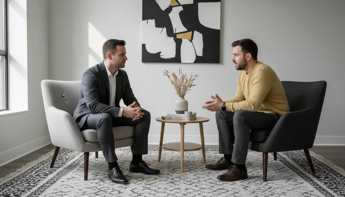Male therapist listening attentively to a male client in a neutral-toned office