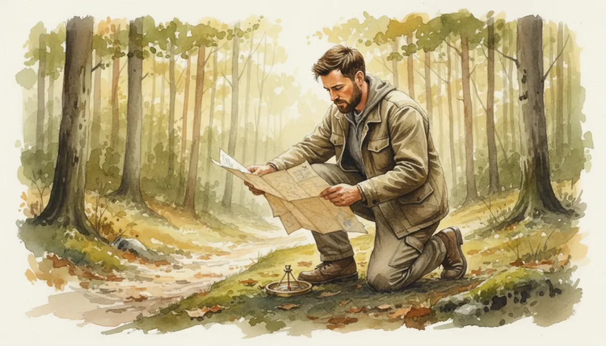 Man kneeling beside a faint forest trail, checking a map and compass Man kneeling beside a faint forest trail, checking a map and compass