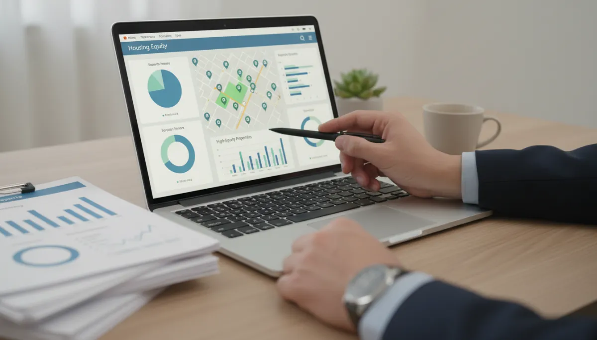 Real estate agent analyzing homeowner equity data on a laptop and printed reports
