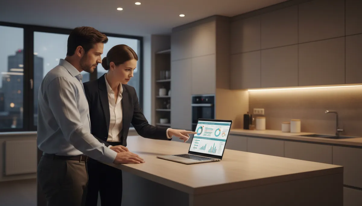 Homeowners reviewing a move-up strategy report with their real estate agent