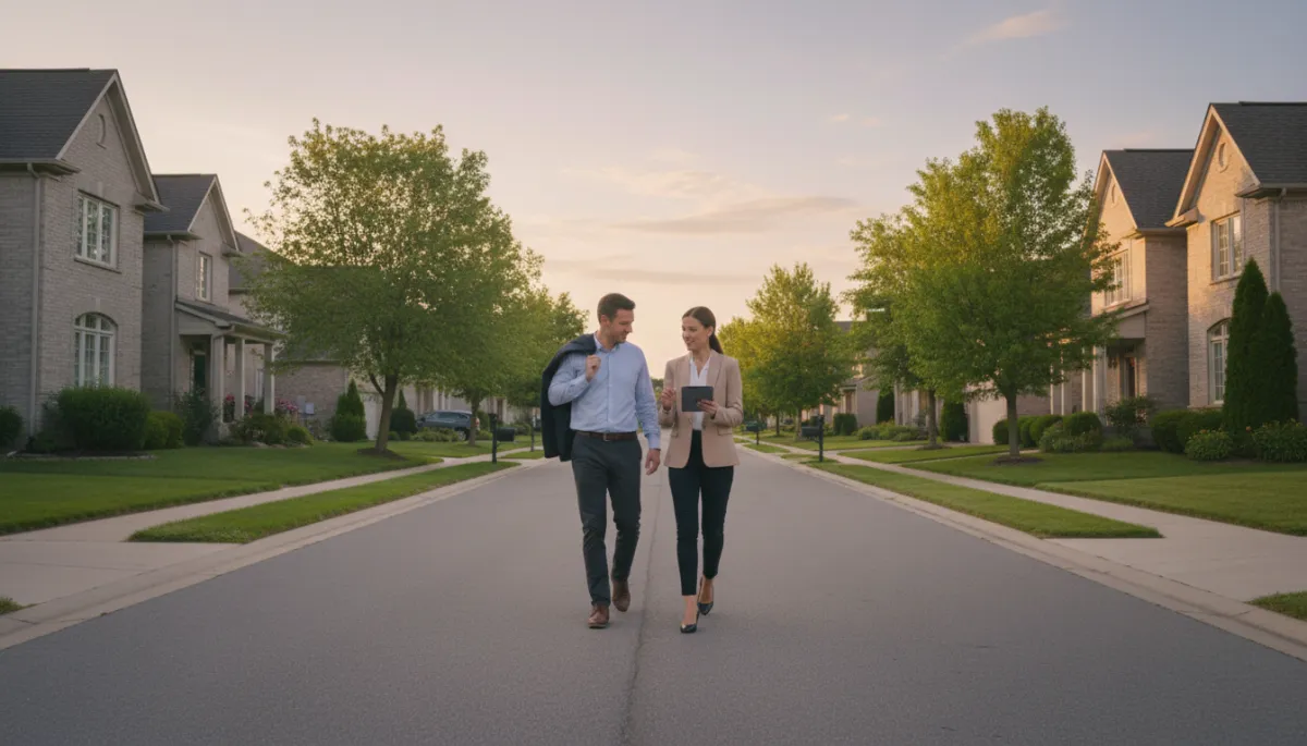 Real estate agent speaking with a homeowner on a quiet suburban street