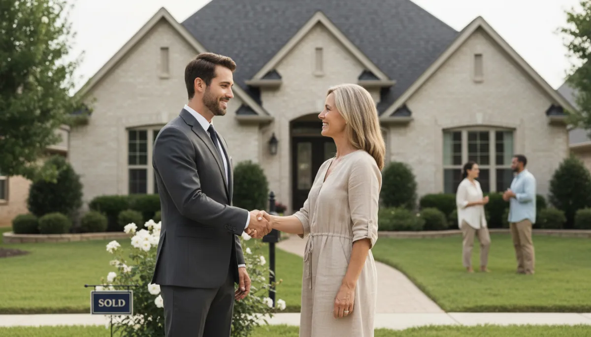 Real estate agent and homeowner celebrating a successful home sale in front of the property