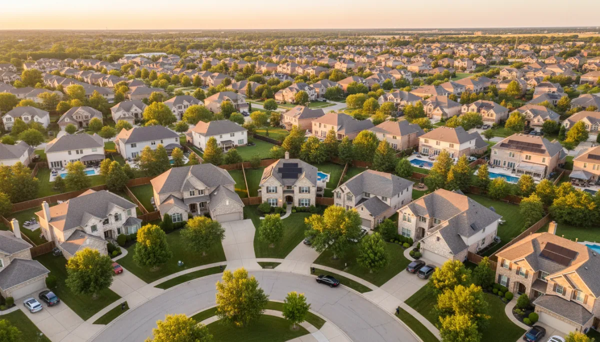 Aerial view of a stable, well-kept neighborhood with high homeowner equity