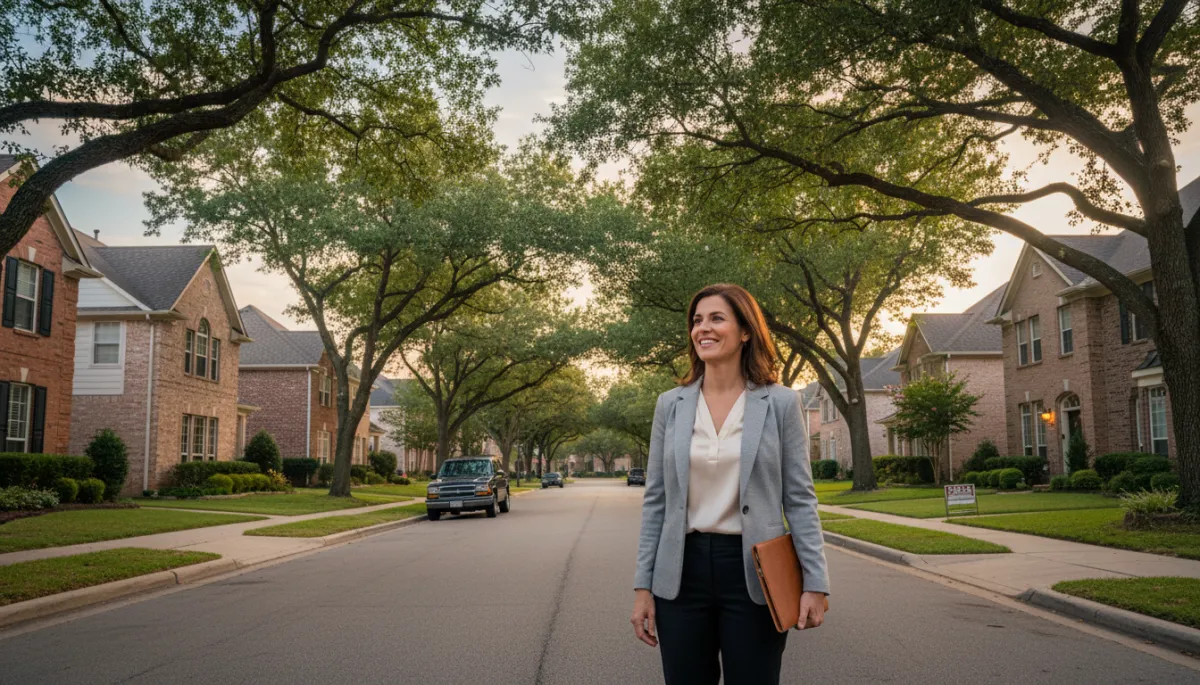 Real estate agent standing on a residential street of well-maintained homes