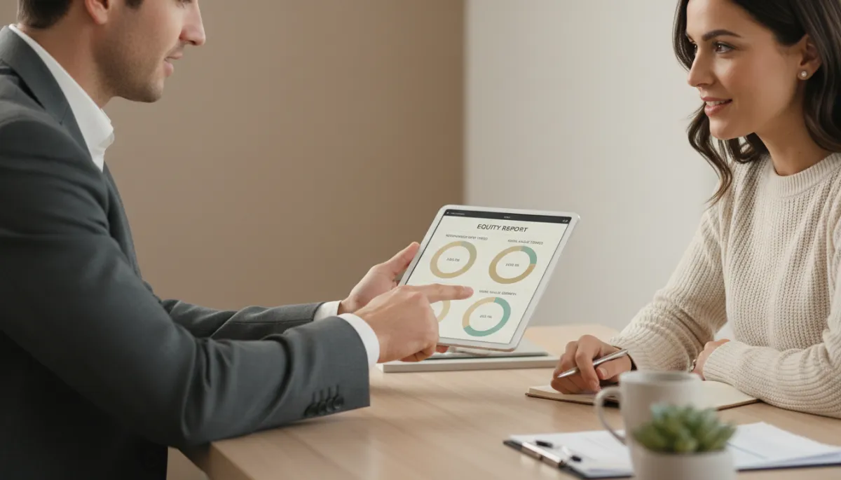 Real estate agent presenting a digital equity and market report on a tablet