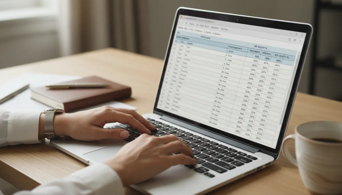 Real estate agent analyzing homeowner equity list on laptop