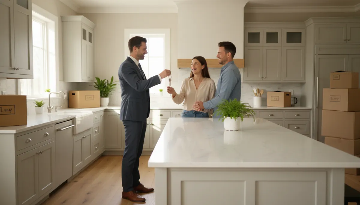 Real estate agent handing keys to clients in their new upscale home