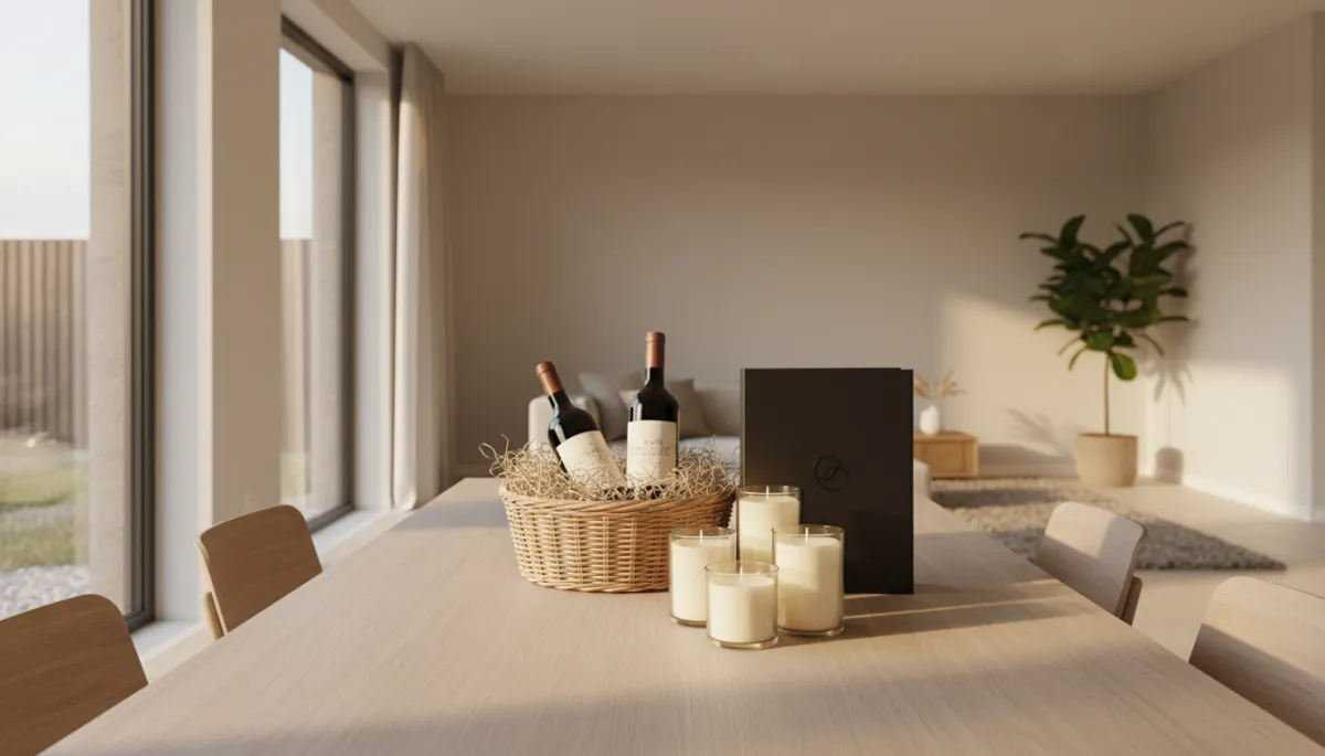 Thoughtful closing gift basket on a dining table in a new home