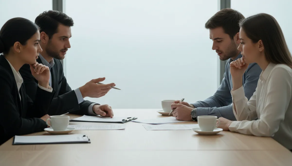 Real estate professionals and clients reviewing and negotiating offer terms