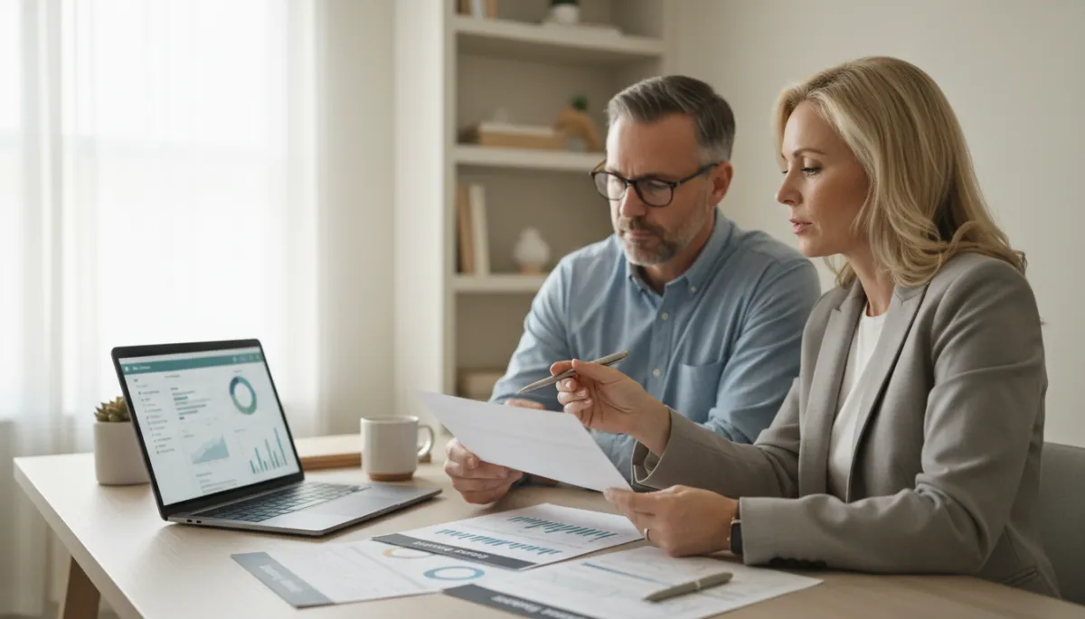 Agent and homeowner reviewing equity and net proceeds reports in a home office