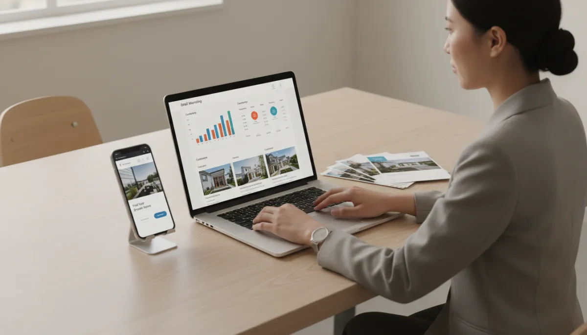 Real estate agent coordinating direct mail with email and online follow-up