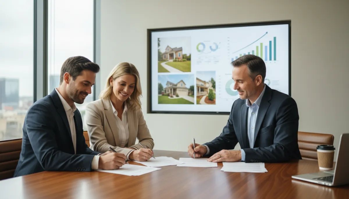 Homeowners meeting with a lender to arrange bridge financing and rate buydown options