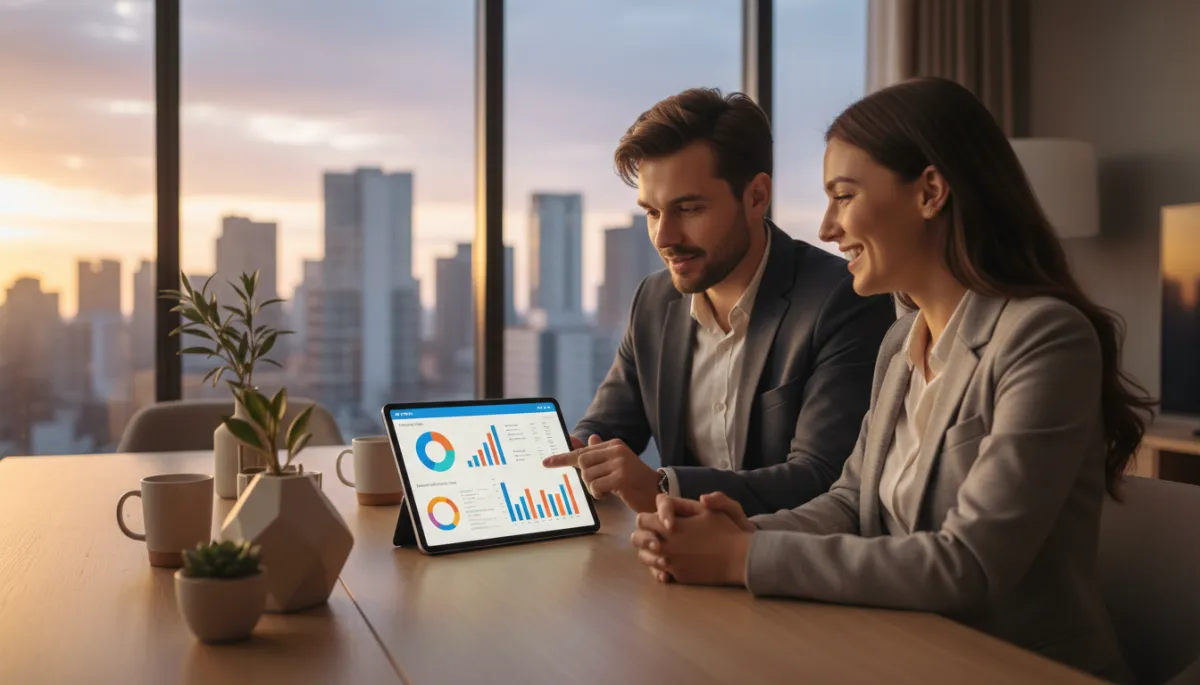 Real estate agent walking homeowners through their total financial picture on a tablet