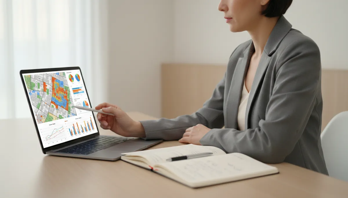 Real estate agent reviewing neighborhood equity data on a laptop