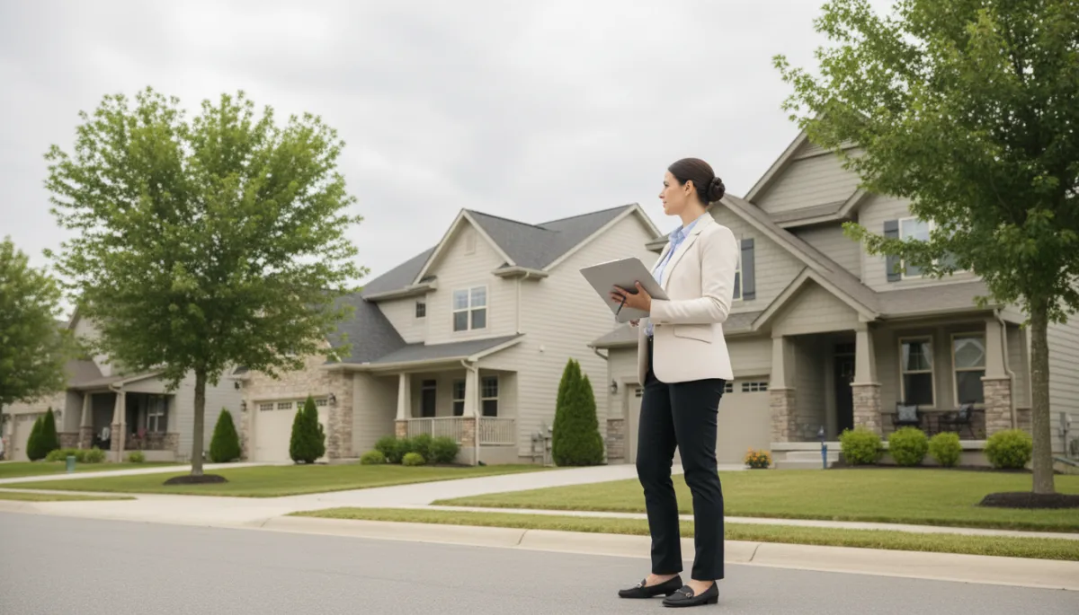 Real estate agent evaluating homes in a quiet neighborhood