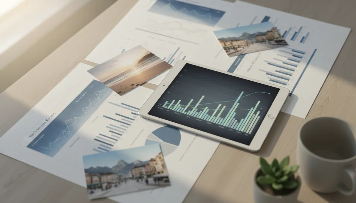 Printed market reports and postcards laid out on a kitchen table