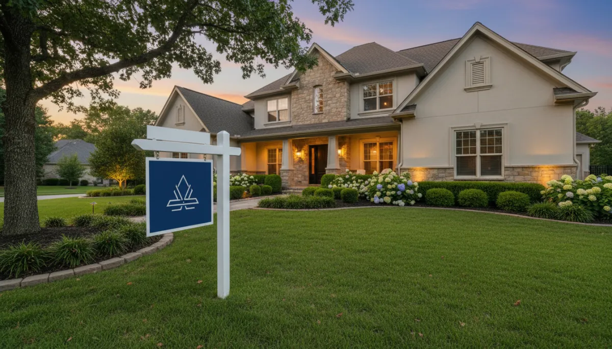 Home with a professional real estate yard sign in front