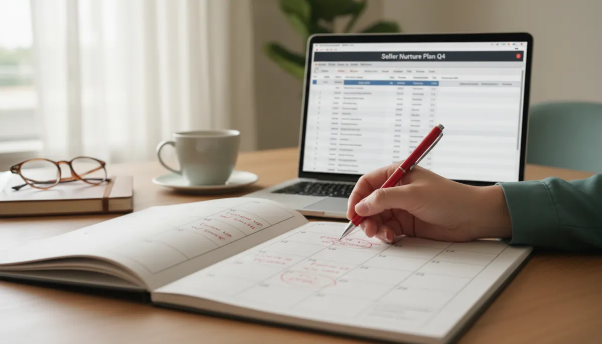 Real estate agent planning follow-up dates and a seller nurture timeline