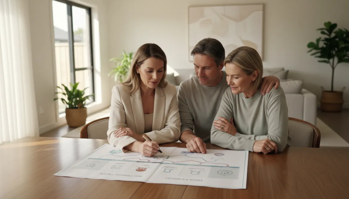 Real estate agent and clients reviewing a buy-sell timeline together