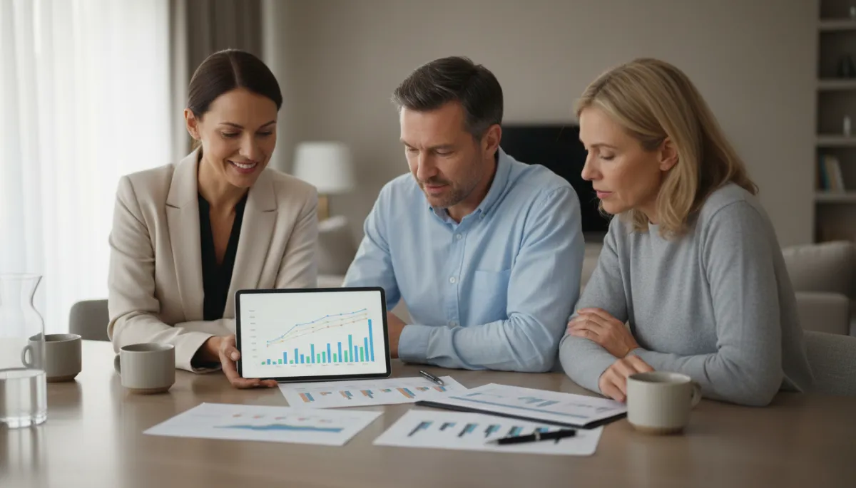 Real estate agent reviewing equity numbers with homeowners at a dining table