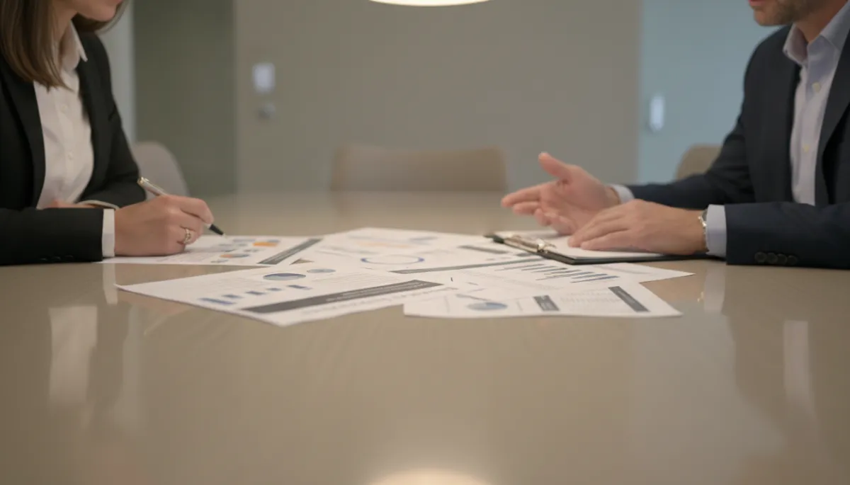 Real estate agent and title representative reviewing property equity reports