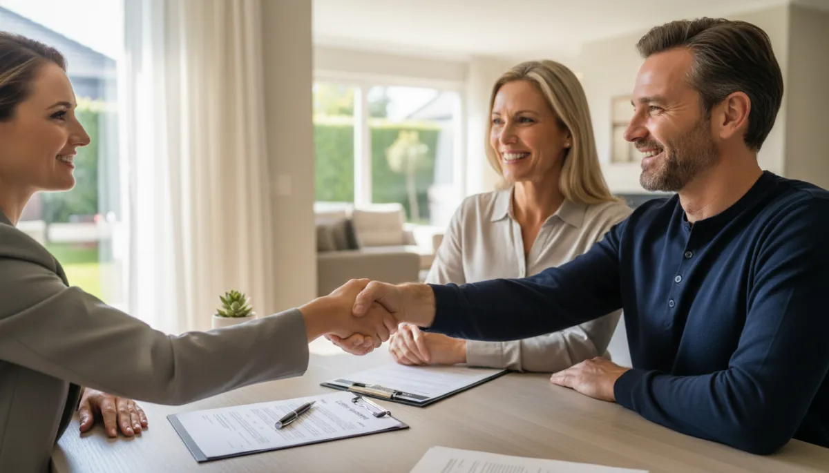 Real estate agent and homeowners finalizing a new listing agreement