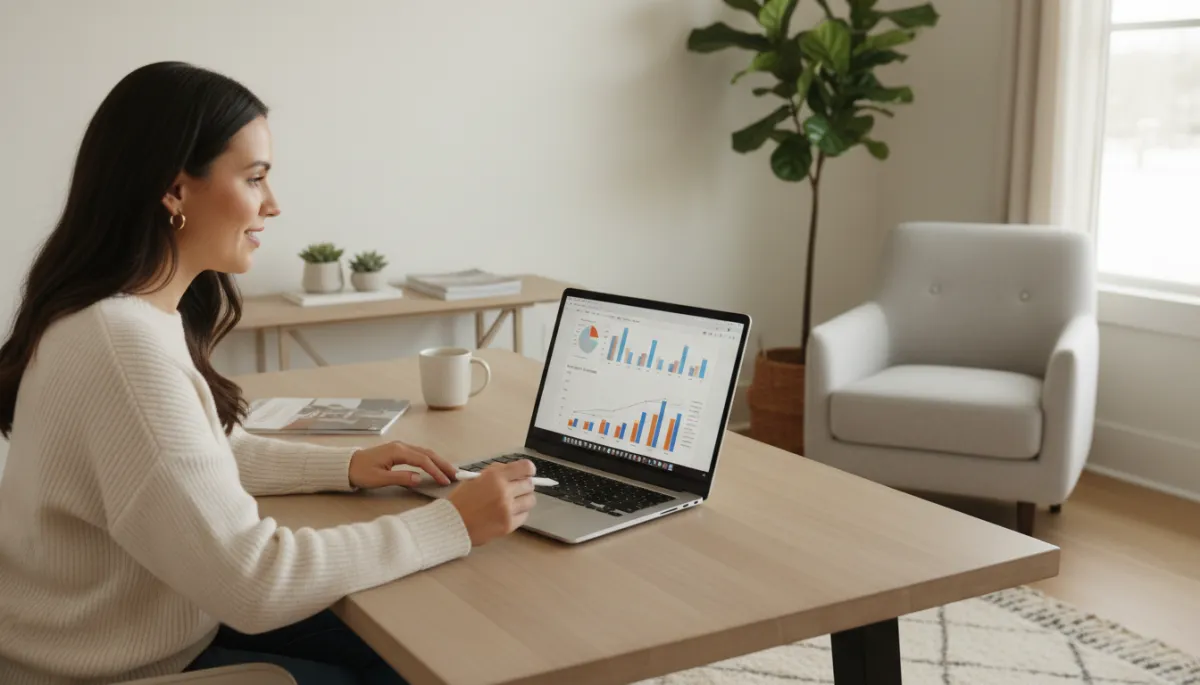 Real estate agent reviewing equity and pricing data in a home office